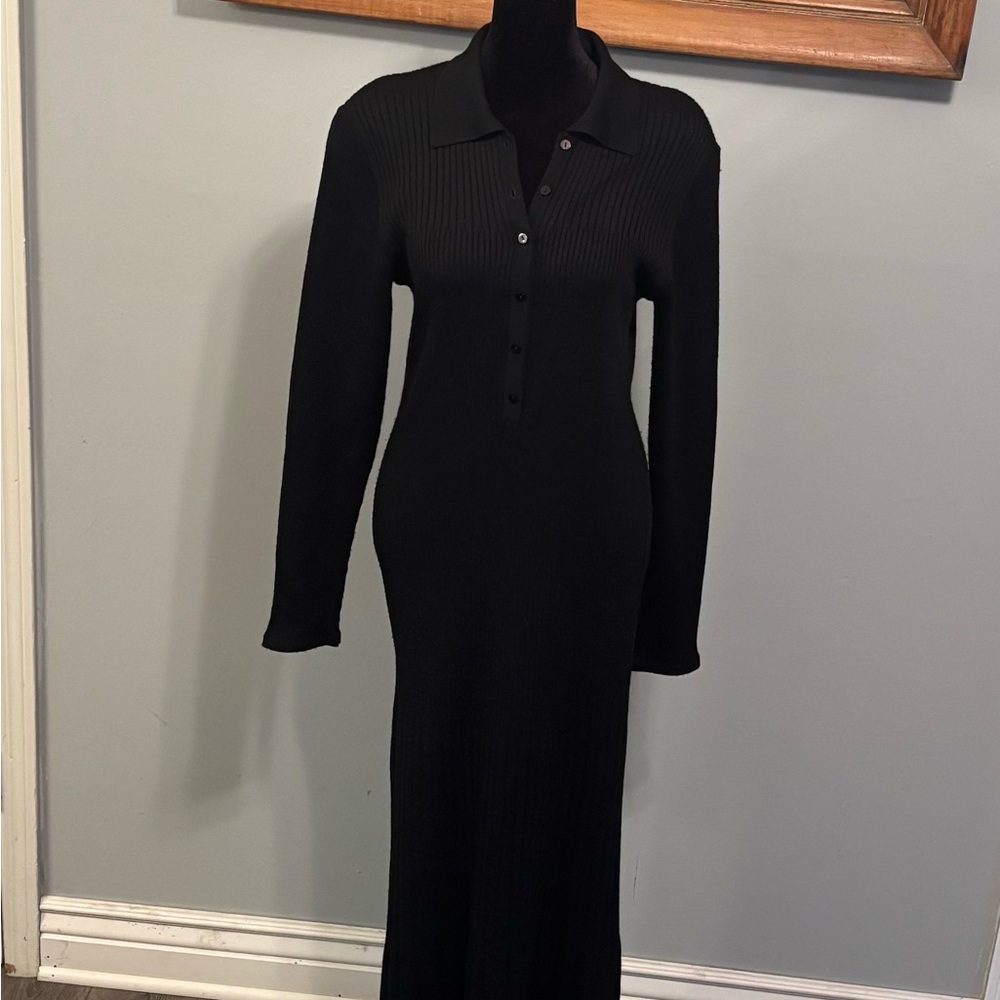 Nina Leonard Black Long Sleeve Ribbed Polo Maxi Dress